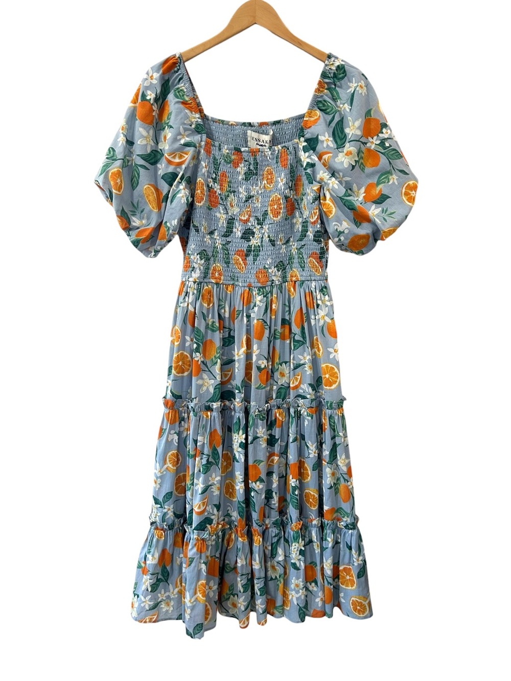 Jessakae Clementine smocked midi Dress M blue citrus orange cotton tiered NWT